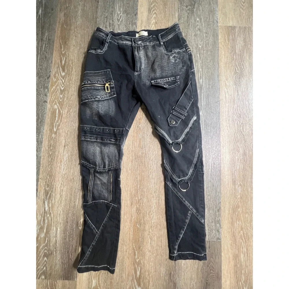 Shuanyan‎ Patchwork Cargo Pants Mens 28 Black Excellent Punk Tactical Streetwear